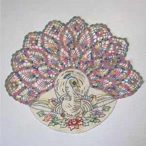 Vintage Colorful Embroidered Peacock Doily